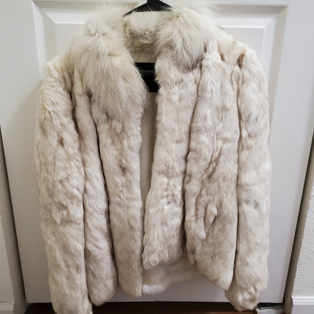 Genuine Rabbit white Fur classy Crop jacket hook M